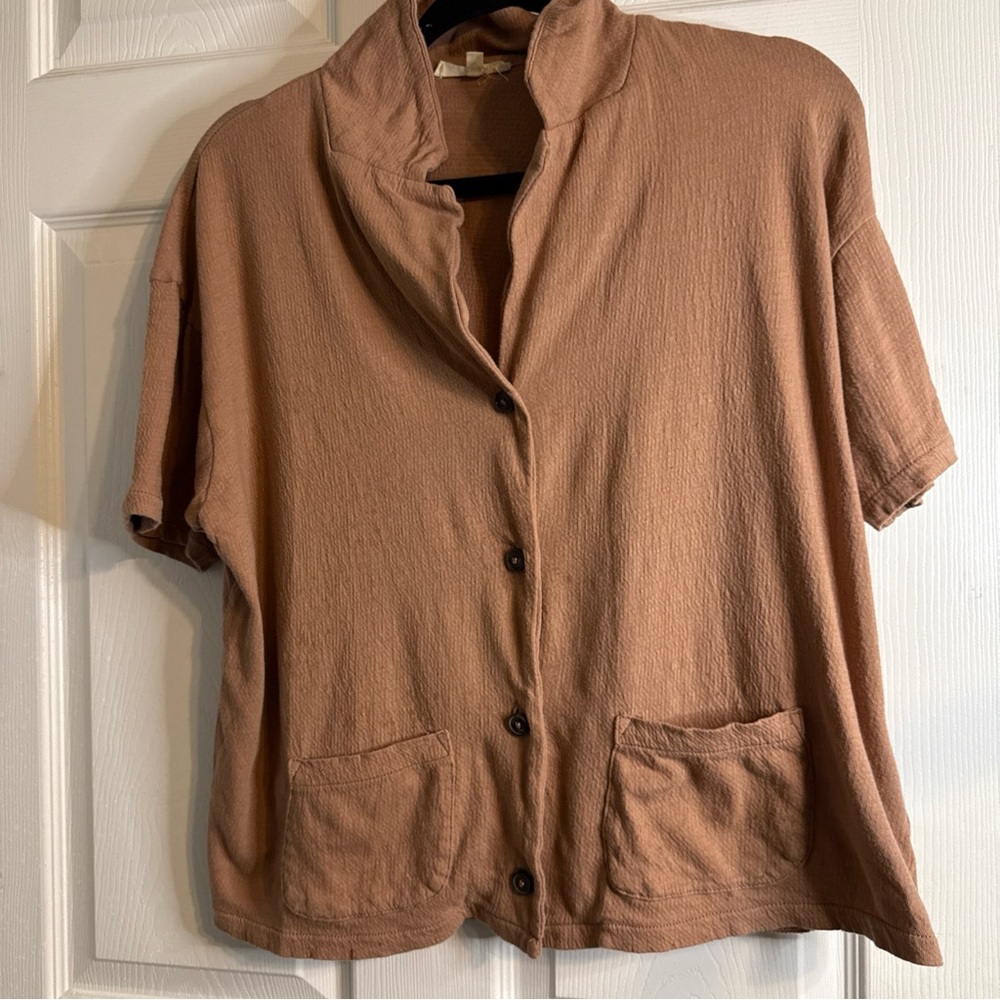 Madewell Brown Boxy Button Down Shirt with Mandarin Collar